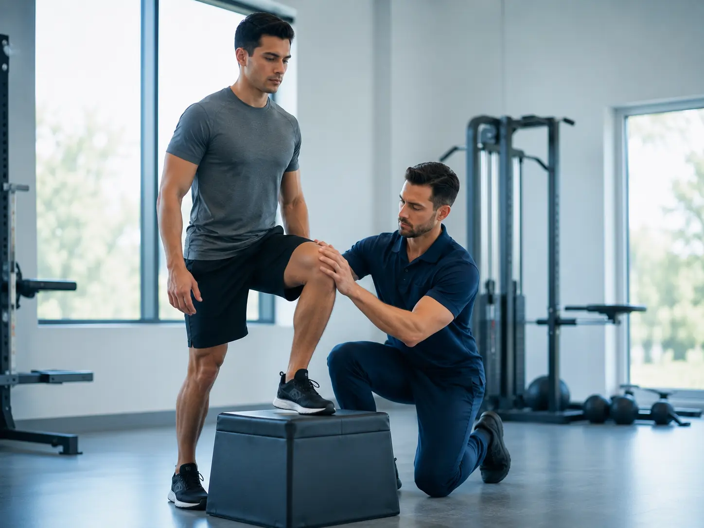 Athlete performing single-leg strength exercise during ACL rehabilitation