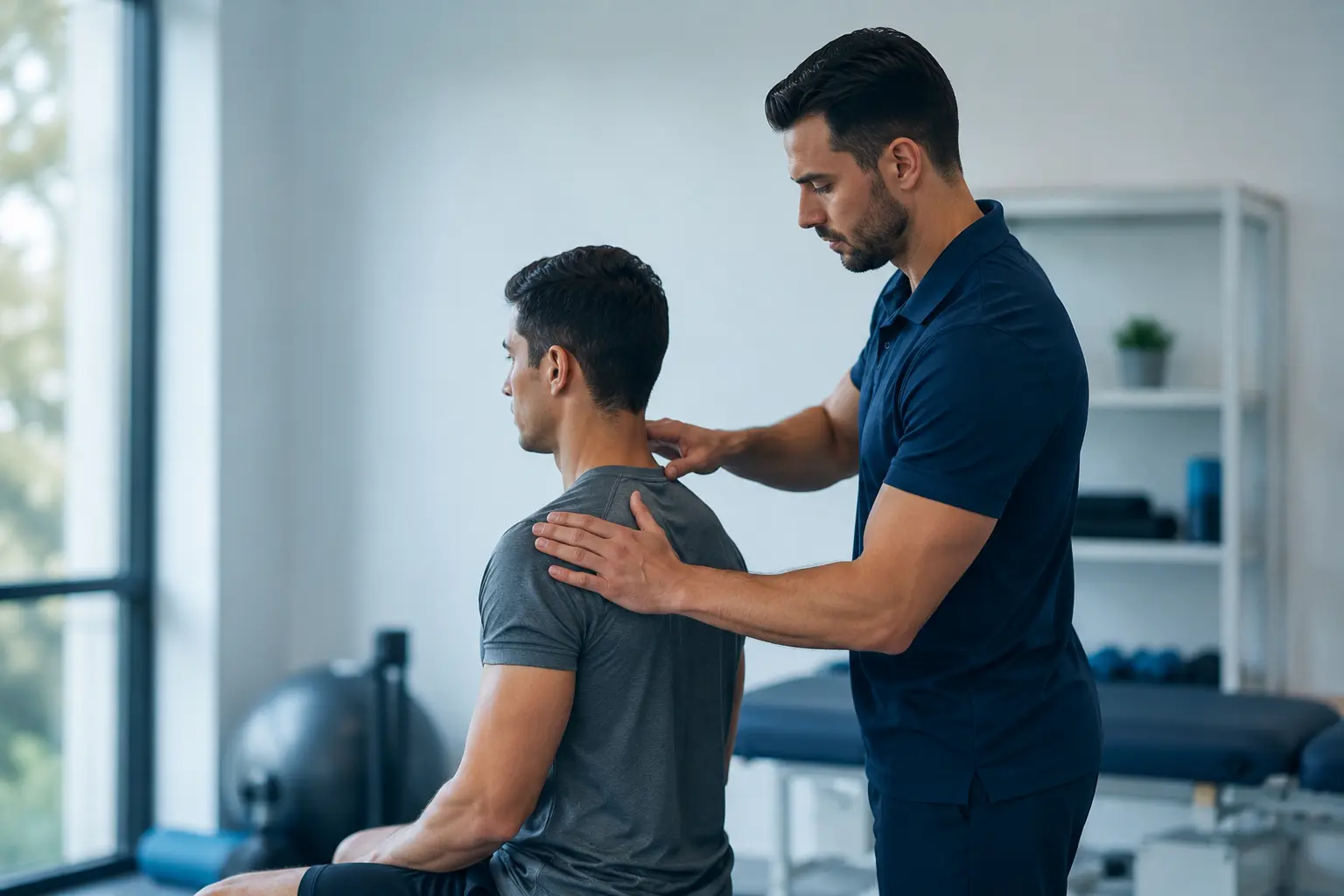 Physiotherapist examining patient's forward head posture and neck alignmenttechnique