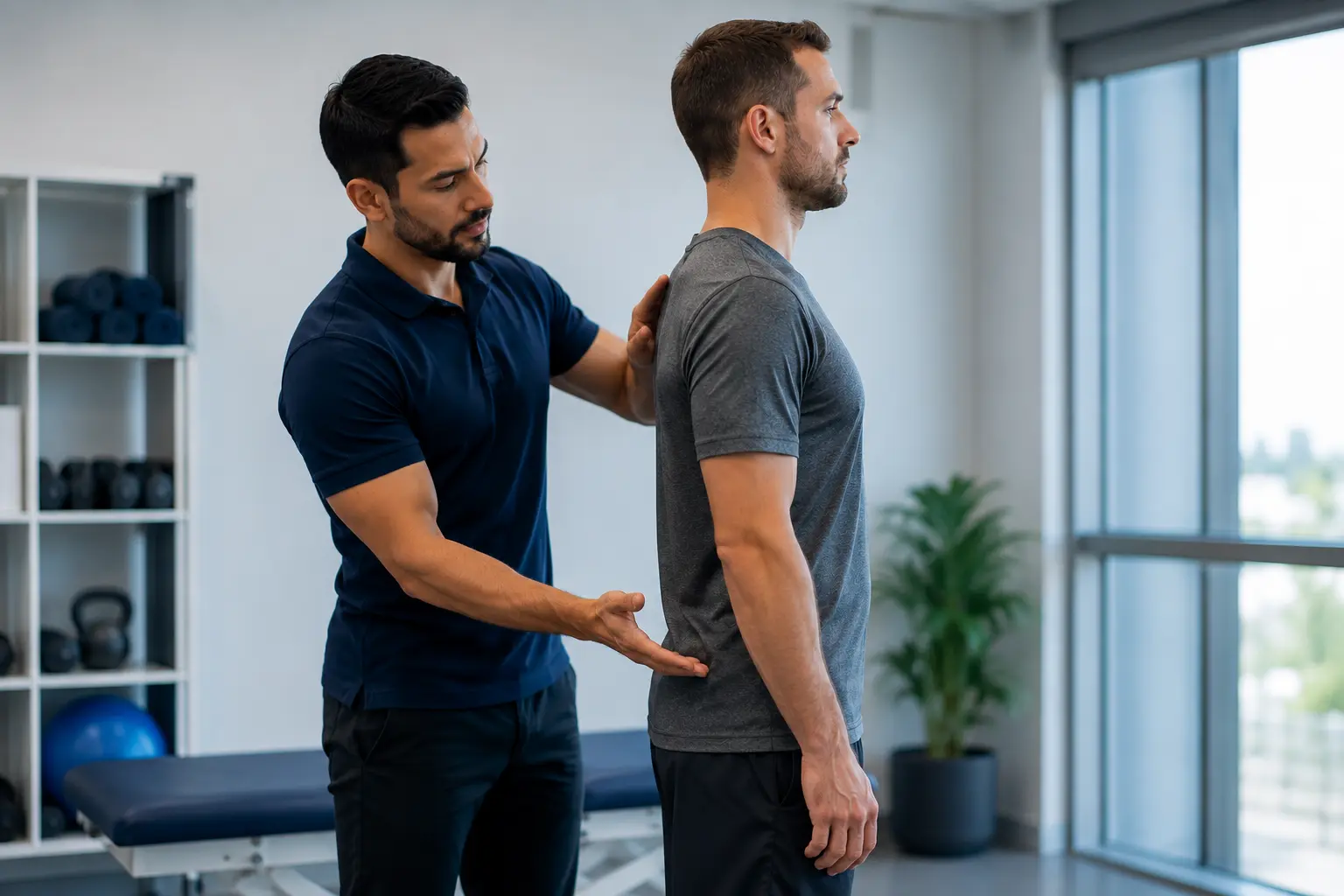 Physiotherapist assessing client's movement pattern before Pilates program