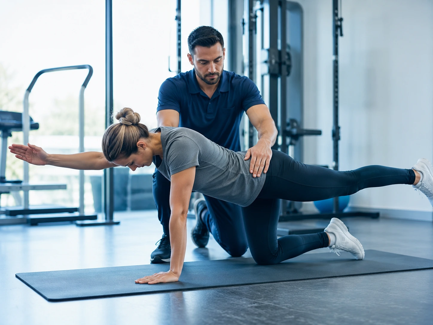 Patient performing core stability exercise during back pain rehabilitation