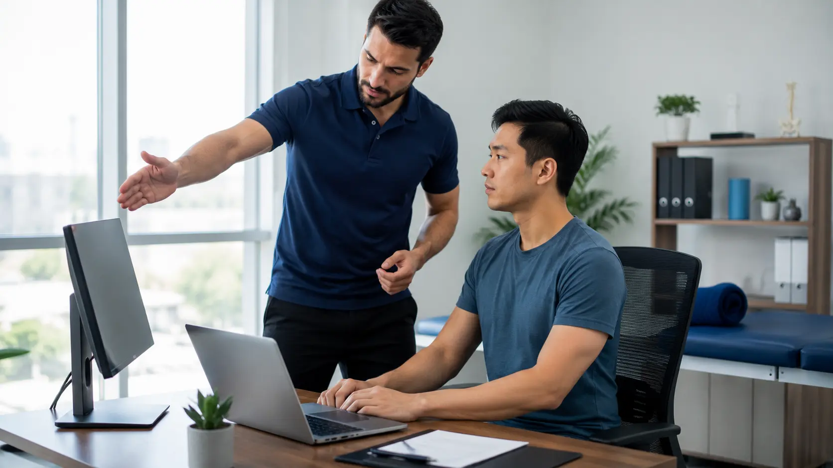 Physiotherapist reviewing desk ergonomics for tech neck patient