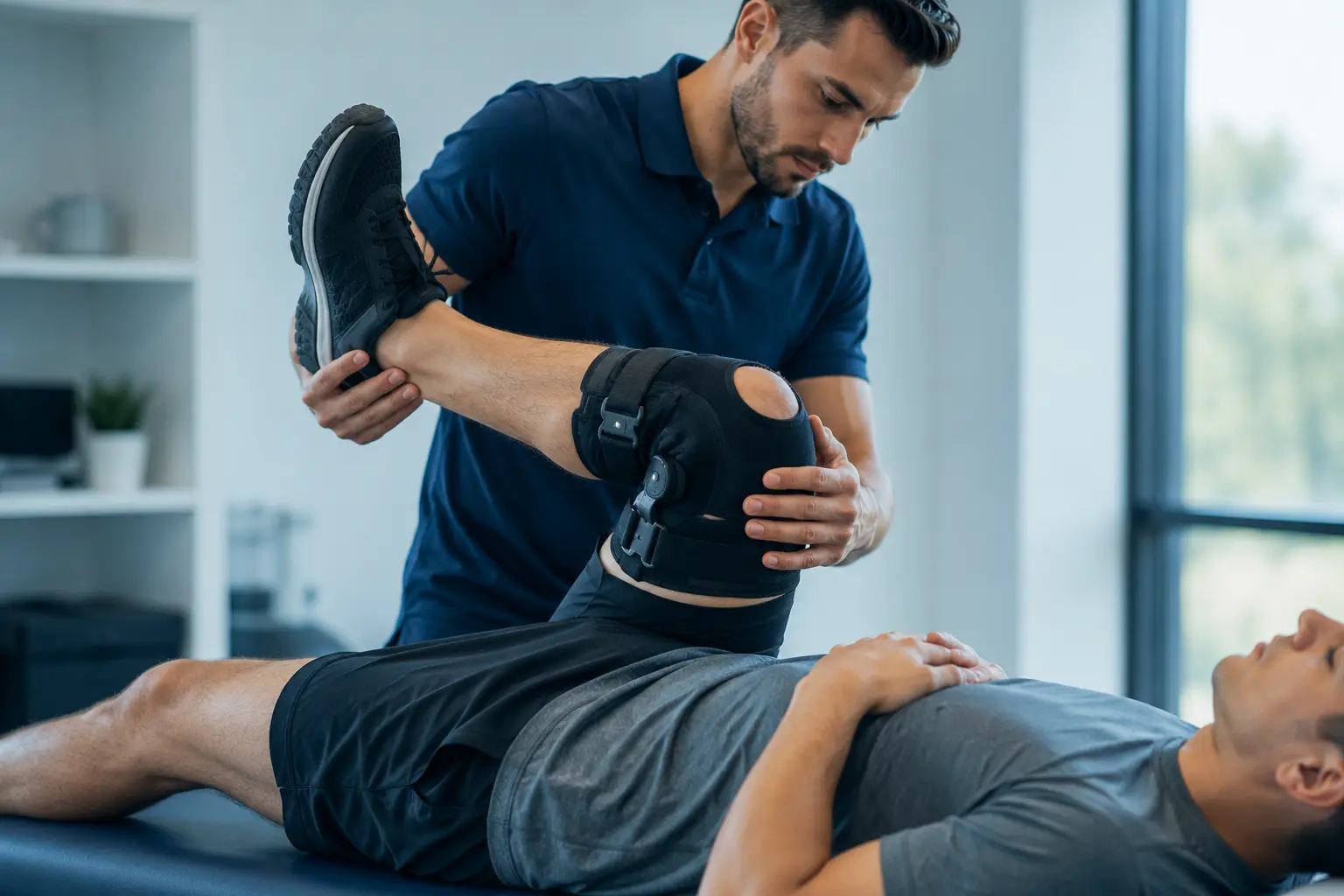 Physiotherapist performing gentle range-of-motion exercise on post-op knee