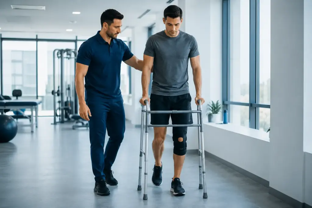 Physiotherapist guiding patient through gait training after joint replacement