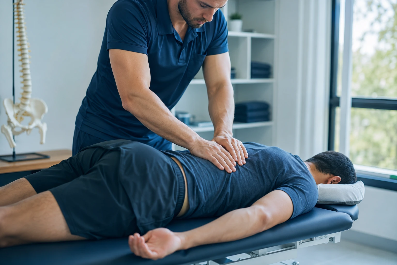 Physiotherapist performing lumbar joint mobilisation technique