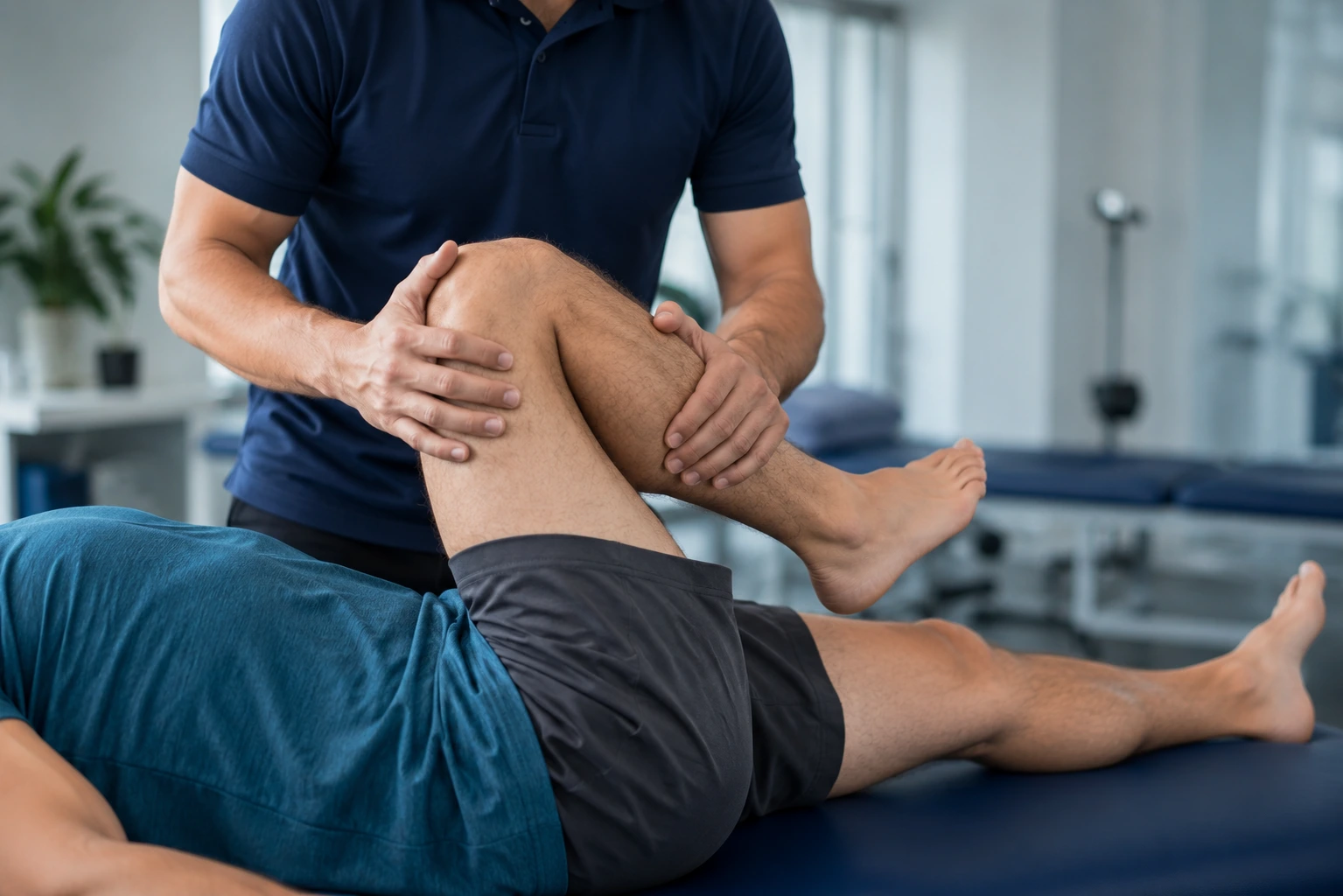 Physiotherapist examining patient's lumbar spine and hip mobility