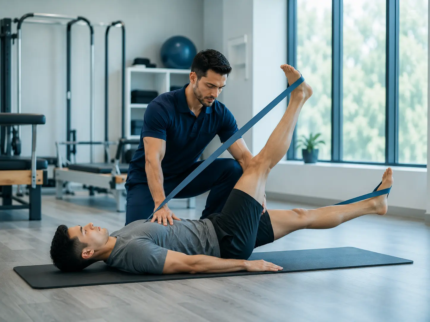 Physiotherapist guiding client through mat-based Pilates exercise