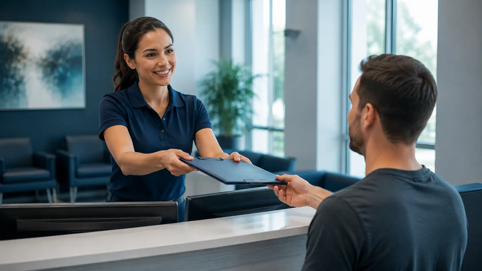 Clinic reception staff assisting patient with claim paperwork