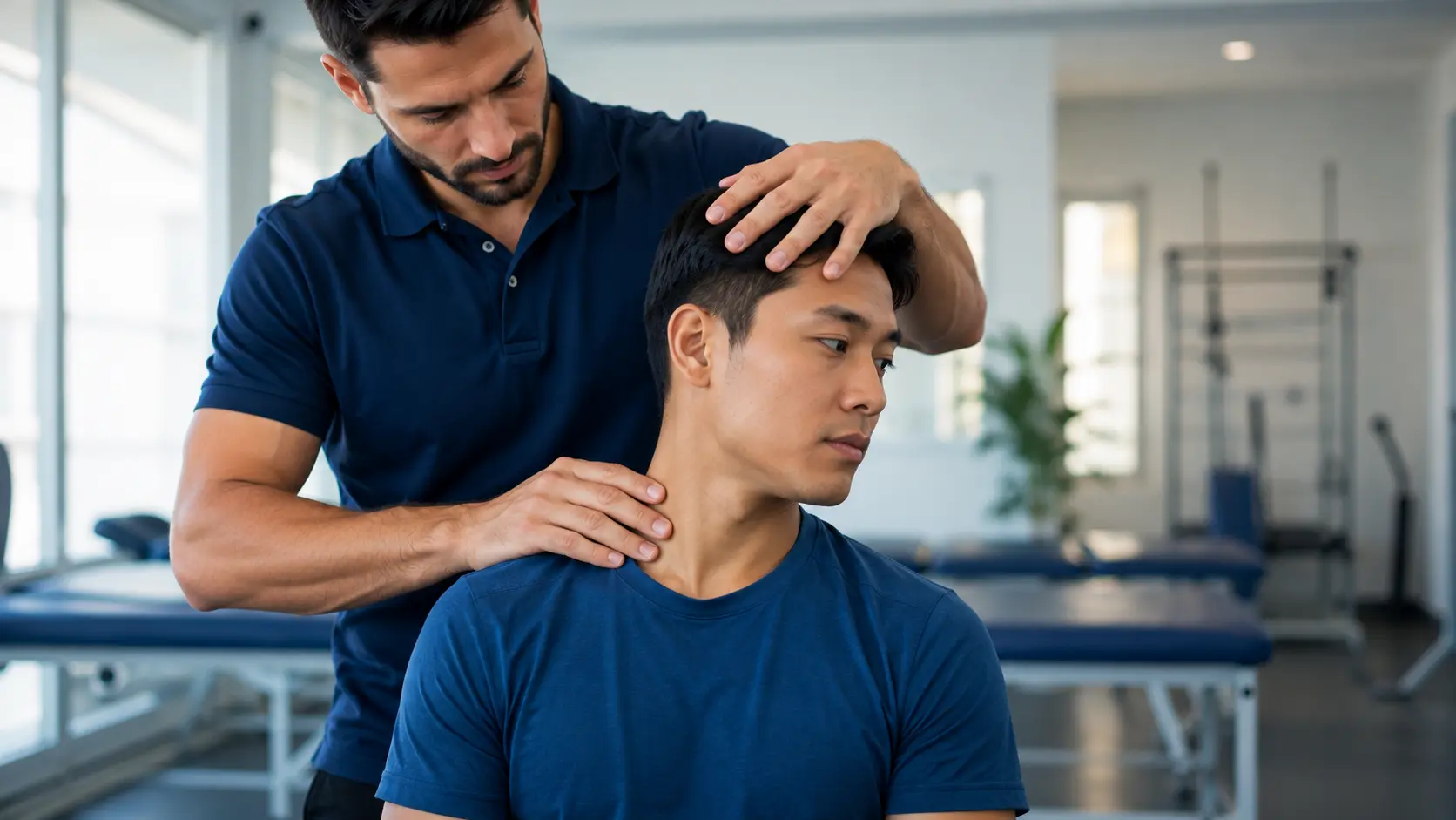 Physiotherapist assessing cervical spine mobility at Geelong clinic