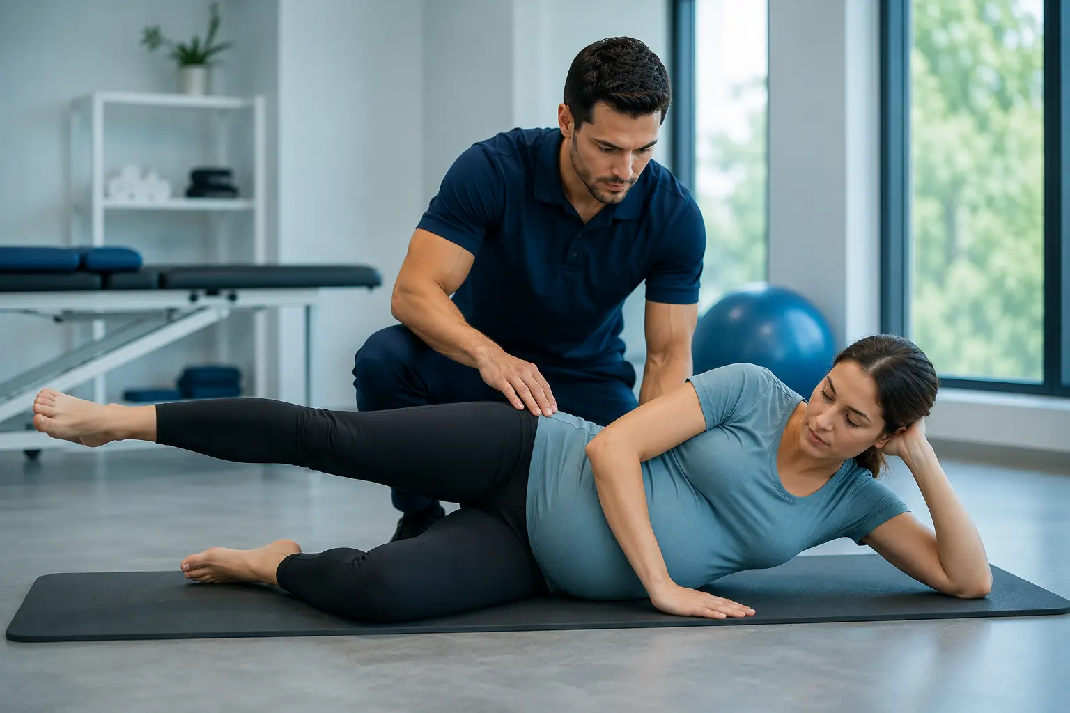 Pregnant client performing safe modified Pilates exercise with physiotherapist