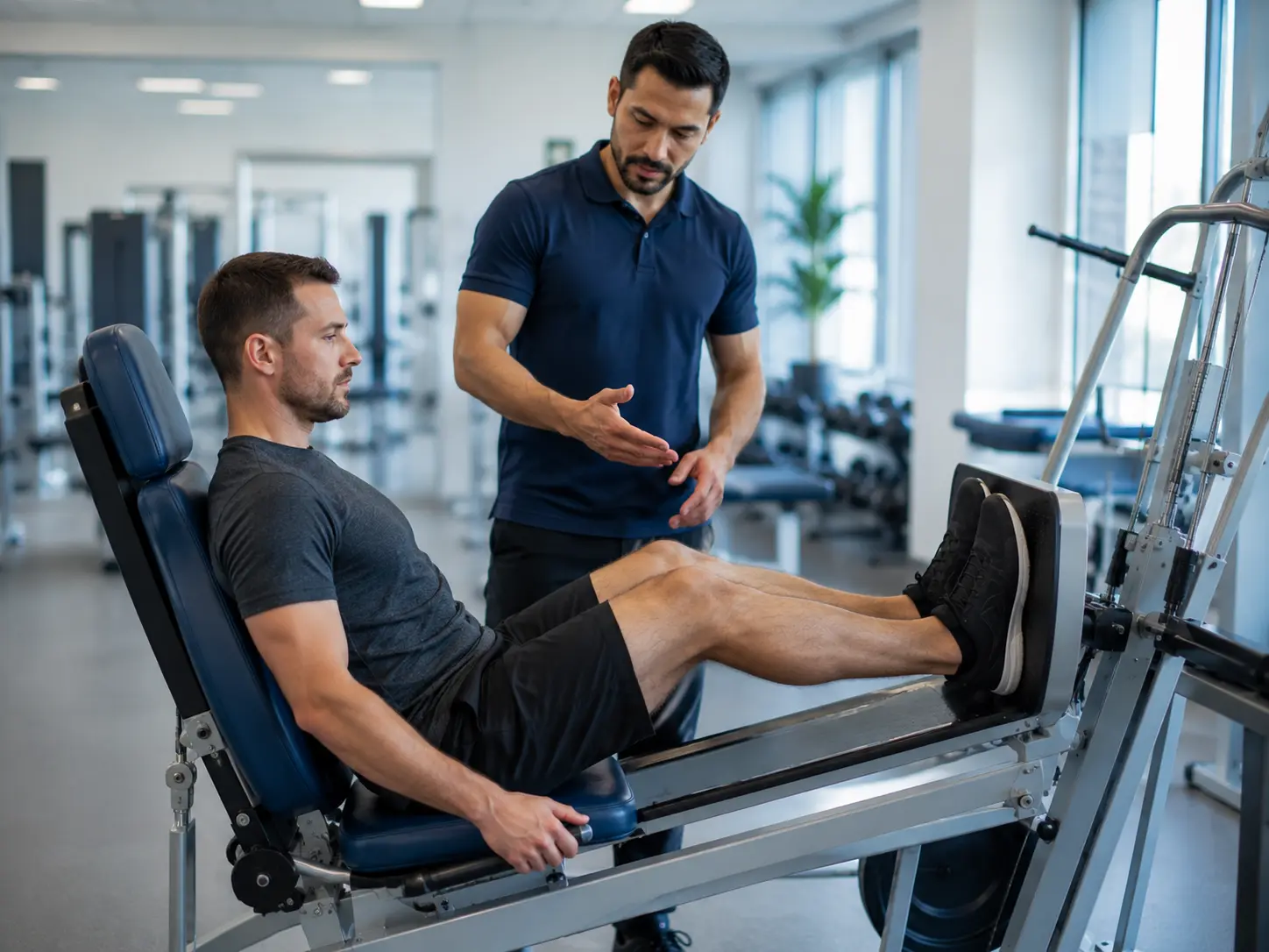 Patient performing supervised leg press exercise during post-surgical rehab