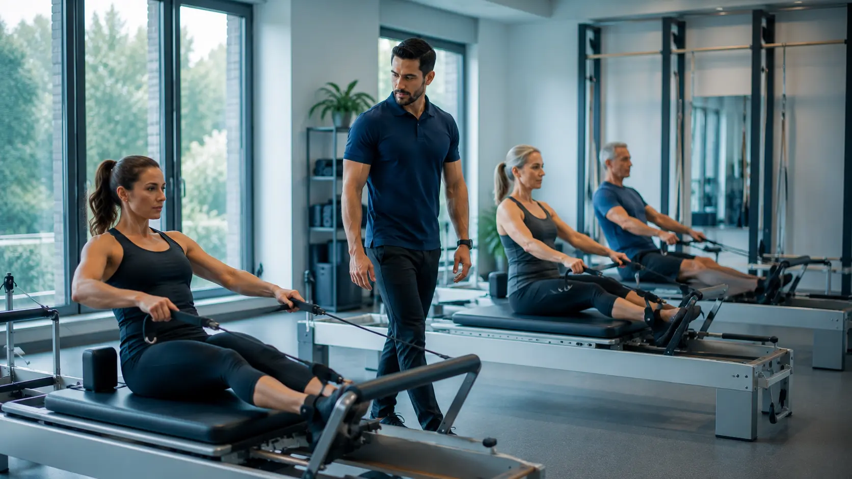 Small group reformer Pilates class supervised by physiotherapist