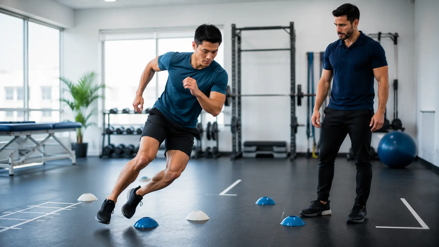 Athlete performing agility conditioning drill during return-to-sport training